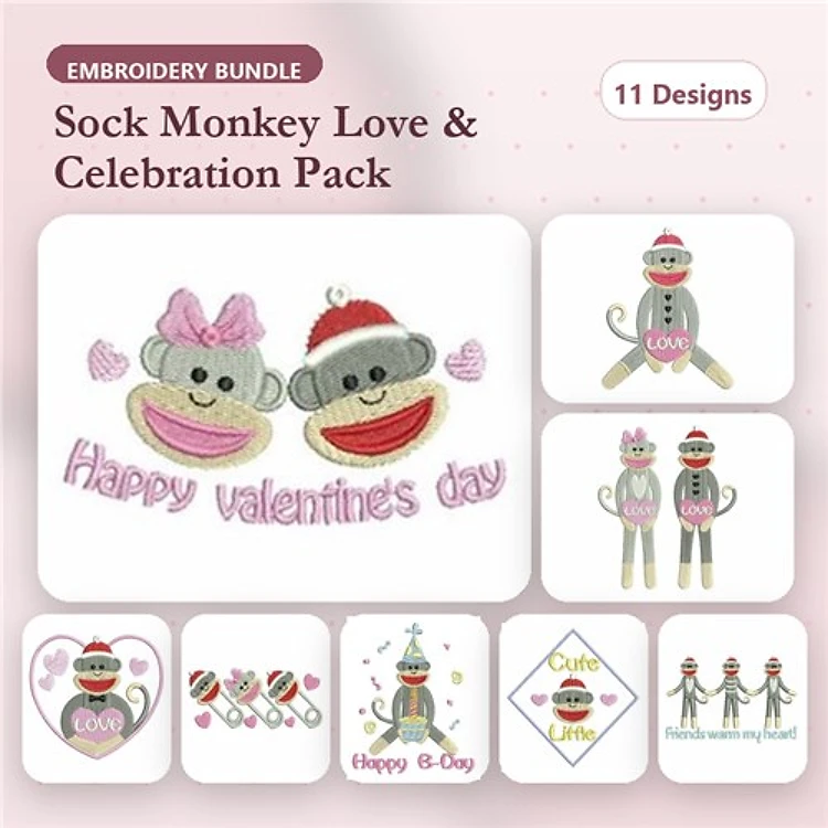 Sock Monkey Love Embroidery Designs Bundle – Sock Monkey with Heart, Happy Valentine's Day, Sock Monkey Celebration & More (11 Designs)