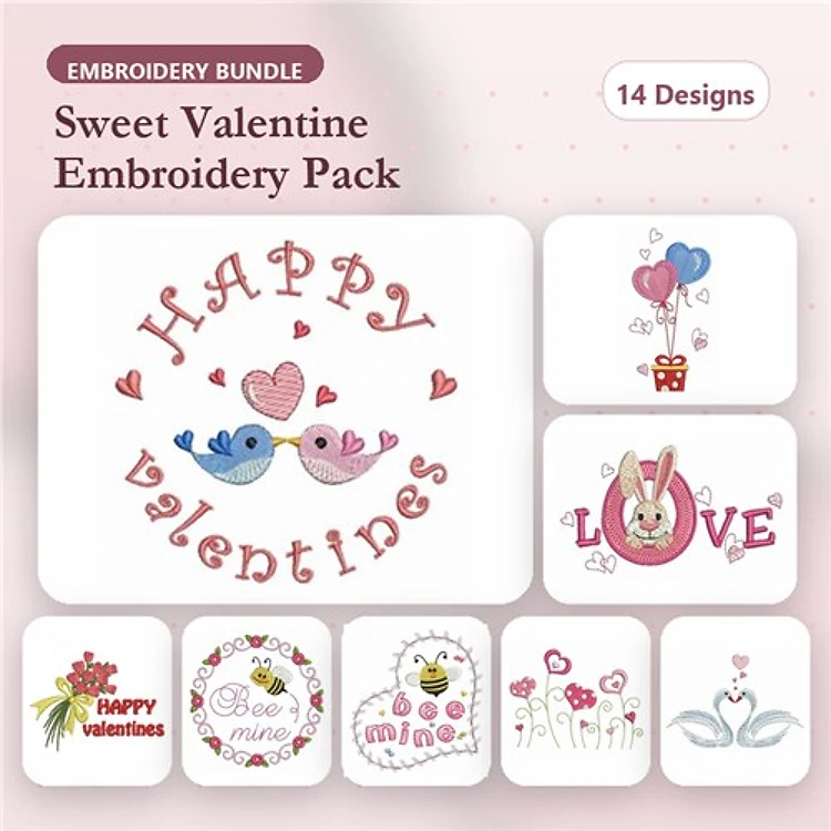 Valentine's Day Embroidery Designs Bundle – Happy Valentines, Bunny with Hearts, Bee Mine & More (14 Designs)
