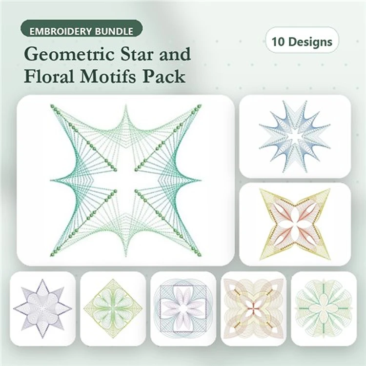 Rippled Geometric Stars & Floral Embroidery Bundle – Colorful Floral and Geometric Design, Soft Star with Linework & More (10 Designs)