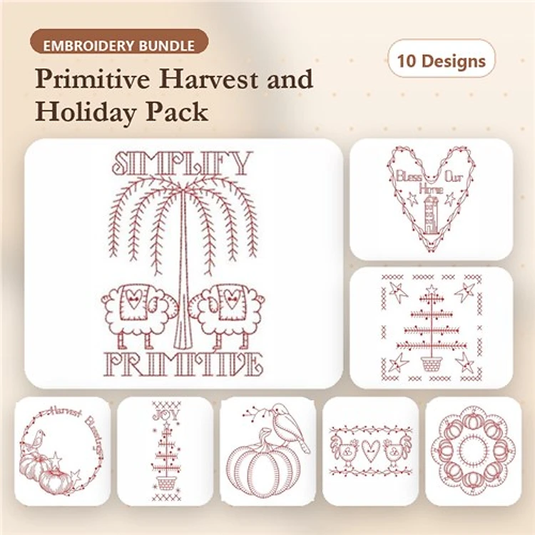 Redwork Primitive Harvest & Holiday Embroidery Designs Bundle – Sheep, Pumpkin, Heart, Wreath & More (10 Designs)