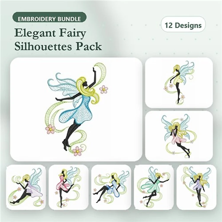 Rippled Elegant Fairy Silhouettes Embroidery Designs Bundle – Dancing, Flying, with Wings & More (12 Designs)