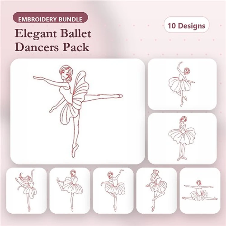 Redwork Elegant Ballet Dancers Embroidery Bundle – Dancer in Pose, Dancer with Tutu, Dancer in Pirouette & More (10 Designs)