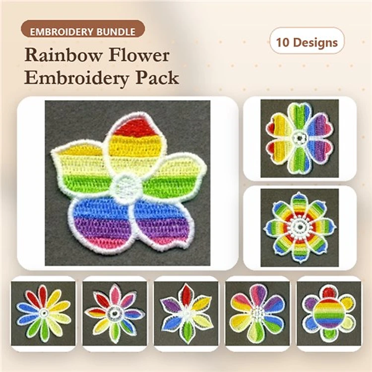FSL Rainbow Flowers Embroidery Bundle – Rainbow Flower Design 1, Rainbow Flower Design 2, Rainbow Flower Design 3 & More (10 Designs)