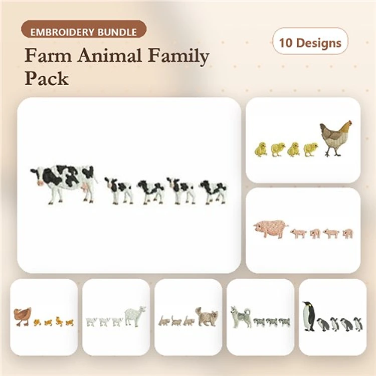 Farm Animal Embroidery Bundle – Cow Family, Pig Family, Chicks & More (10 Designs)
