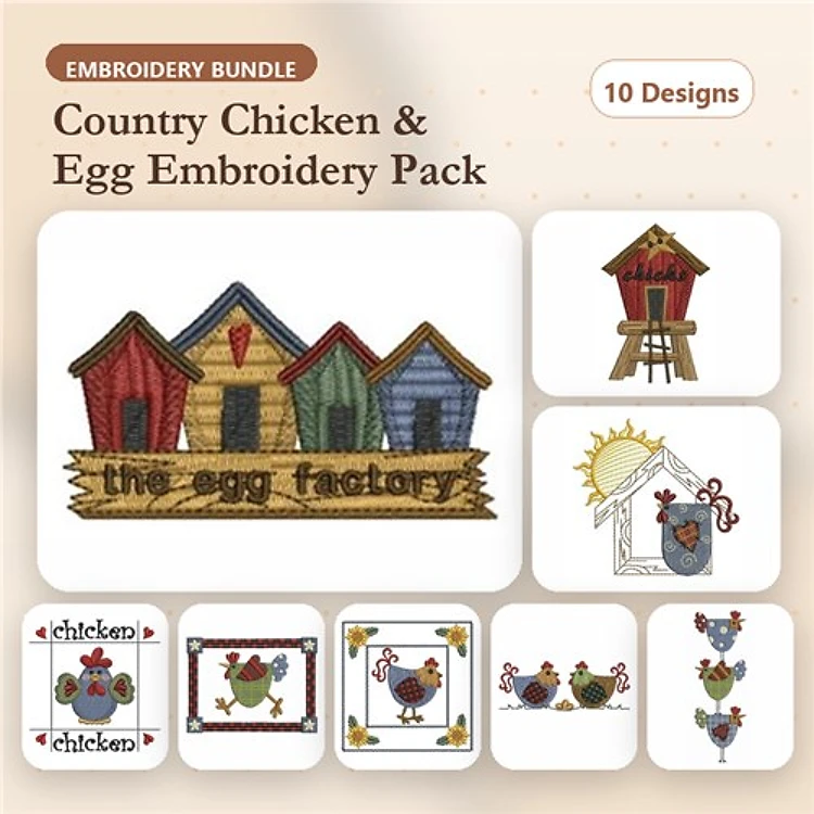 Country Chicken Embroidery Bundle – Hen, Rooster, Chicken Coop & More (10 Designs)