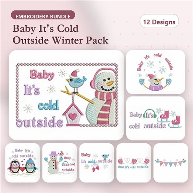 Winter Characters & Text Embroidery Designs Bundle – Snowman, Penguin, Birdhouse & More (12 Designs)