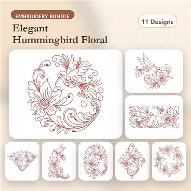 Redwork Hummingbird & Floral Embroidery Designs Bundle – Hummingbird with Flowers, Floral Swirl with Hummingbird & More (11 Designs)