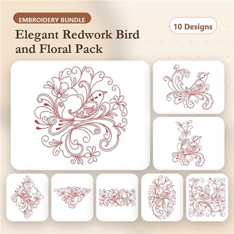 Redwork Bird & Floral Embroidery Designs Bundle – Elegant Bird, Stylized Bird, Ornamental Bird & More (10 Designs)