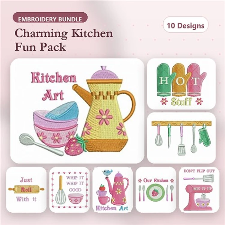 Kitchen Art Embroidery Designs Bundle – Teapot, Mixing Bowls, Oven Mitts & More (10 Designs)