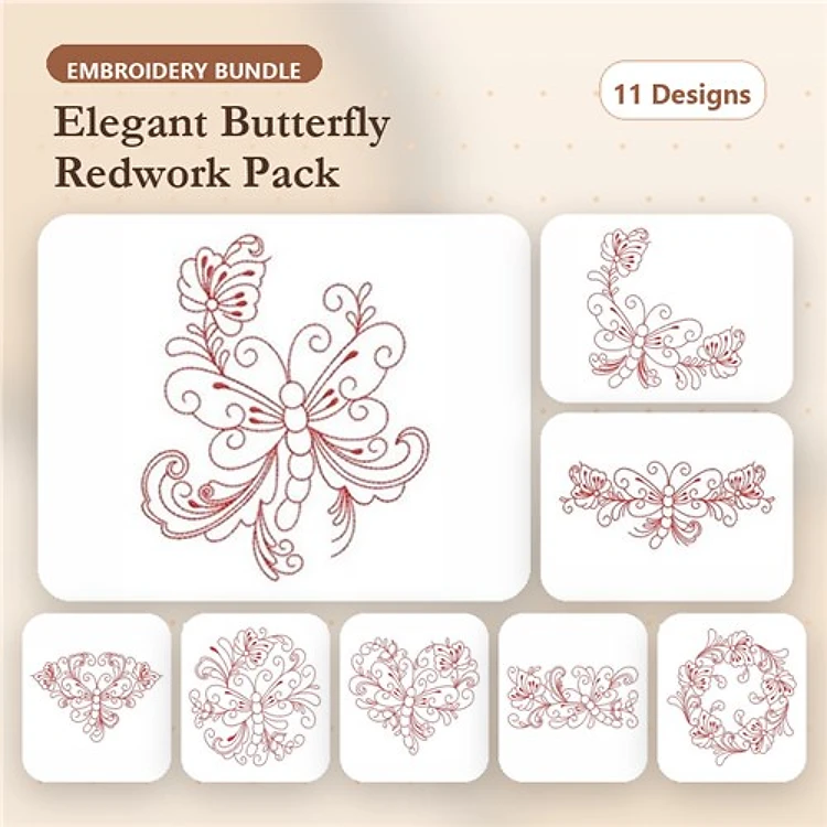 Redwork Elegant Butterfly Embroidery Bundle – Floral Butterfly, Heart with Butterflies, Lace Butterfly & More (11 Designs)