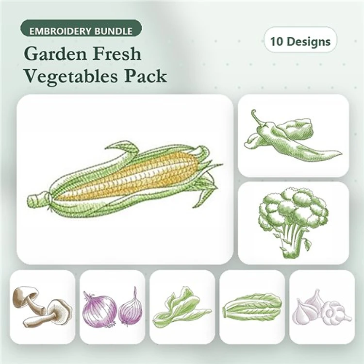Garden Fresh Vegetables Embroidery Designs Bundle – Corn, Broccoli, Green Beans & More (10 Designs)