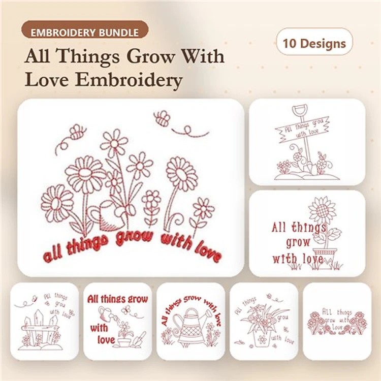 Redwork Floral & Gardening Embroidery Designs Bundle – Sending Love with Flowers, Happy Gardener, & More (10 Designs)