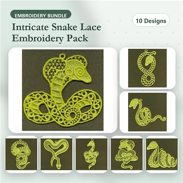 FSL Snake Embroidery Bundle – Cobra Lace Ornament, Curled Snake Lace, Ornate Snake Lace & More (10 Designs)