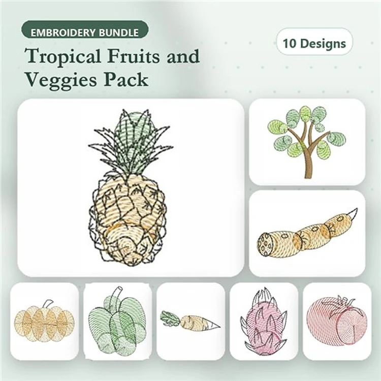 Tropical Fruits & Vegetables Embroidery Bundle – Pineapple, Broccoli, Carrot, Eggplant & More (10 Designs)