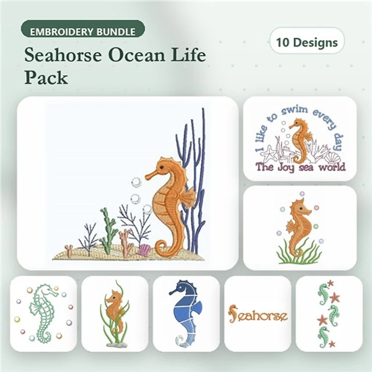 Seahorse & Ocean Life Embroidery Designs Bundle – Seahorse with Coral, Bubbles, Floral Seahorse & More (10 Designs)