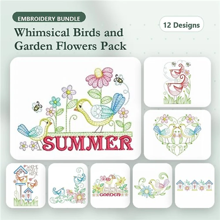 Rippled Whimsical Birds & Garden Flowers Embroidery Designs Bundle – Colorful Singing Bird, Birdhouse, Floral Lovebirds & More (12 Designs)