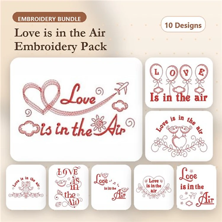 Redwork Love Embroidery Designs Bundle – Love is in the Air, Love with Balloons, Love with Hearts & More (10 Designs)