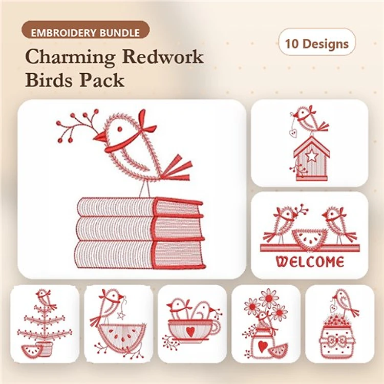 Redwork Charming Redwork Birds Embroidery Designs Bundle – Bird on Books, Birdhouse, Two Birds with Welcome Sign & More (10 Designs)