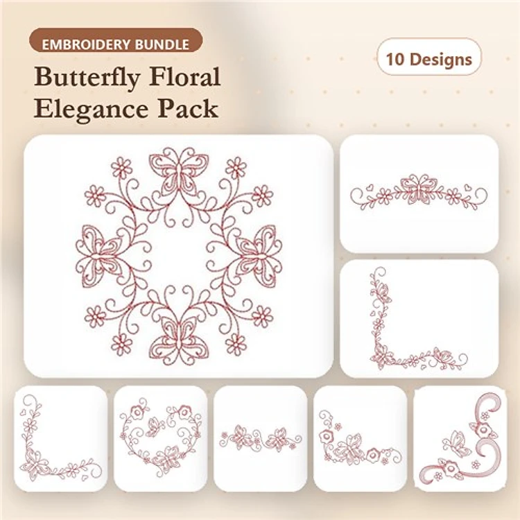 Redwork Butterflies & Floral Elegance Embroidery Designs Bundle – Butterfly Floral Circle, Floral Corner with Butterflies & More (10 Designs)