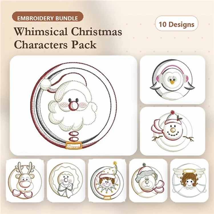 Christmas Character Embroidery Designs Bundle – Santa, Snowman, Reindeer, Elf & More (10 Designs)