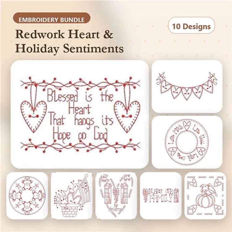Redwork Heart and Holiday Sentiments Embroidery Designs Bundle – Blessed Heart, Merry Christmas Banner, Love and Joy & More (10 Designs)