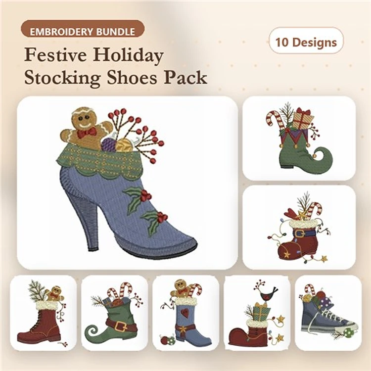 Festive Holiday Shoes Embroidery Bundle – High Heel Christmas Stocking, Elf Shoe with Decorations, Traditional Christmas Boot & More (10 Designs)