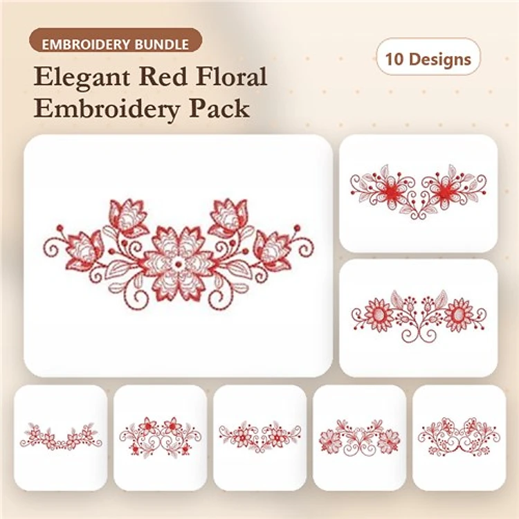 Redwork Floral Embellishments Bundle – Elegant Floral Border, Arrangement, Scroll & More (10 Designs)