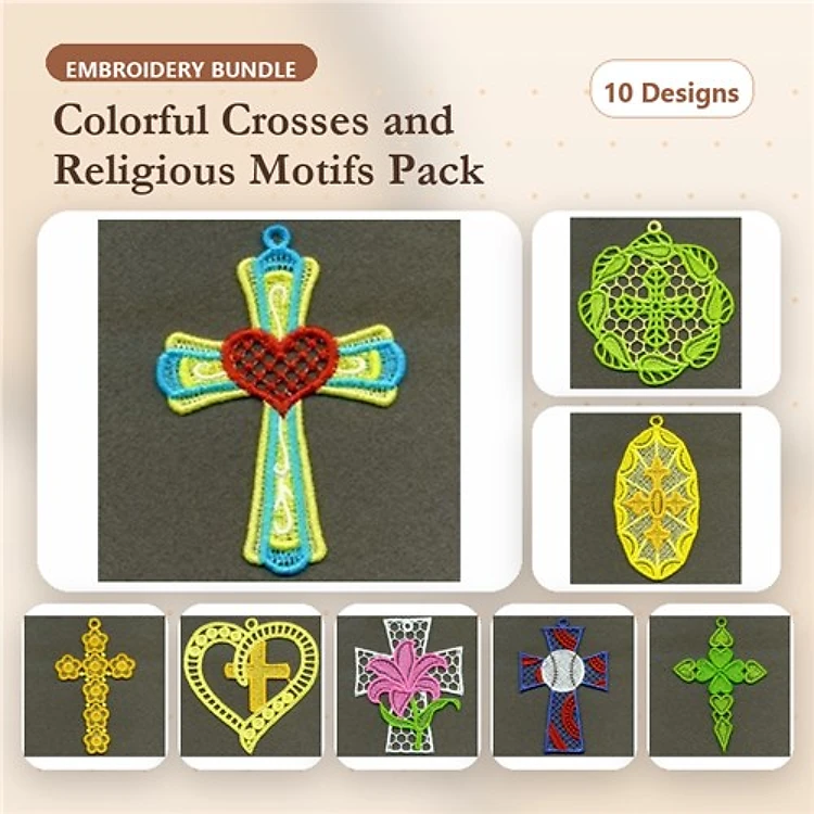 FSL Colorful Cross Embroidery Bundle – Colorful Cross with Heart, Lacey Cross, Ornate Cross & More (10 Designs)