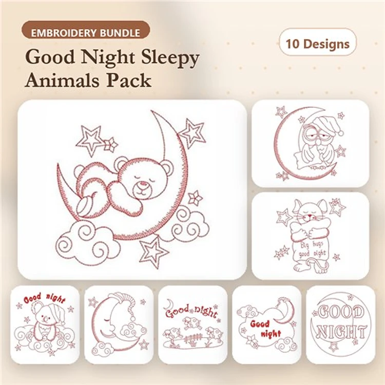 Redwork Sleepy Animal Embroidery Designs Bundle – Teddy Bear on Moon, Good Night Cat, Sleeping Monkey & More (10 Designs)