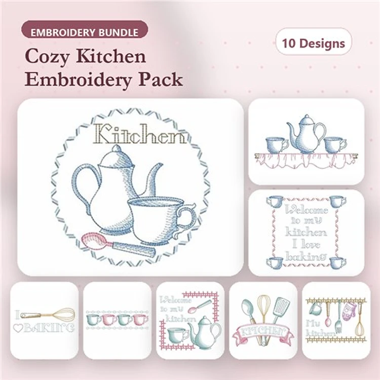 Redwork Kitchen Embroidery Designs Bundle – Teapot and Cup, Welcome to My Kitchen, Utensil Print & More (10 Designs)