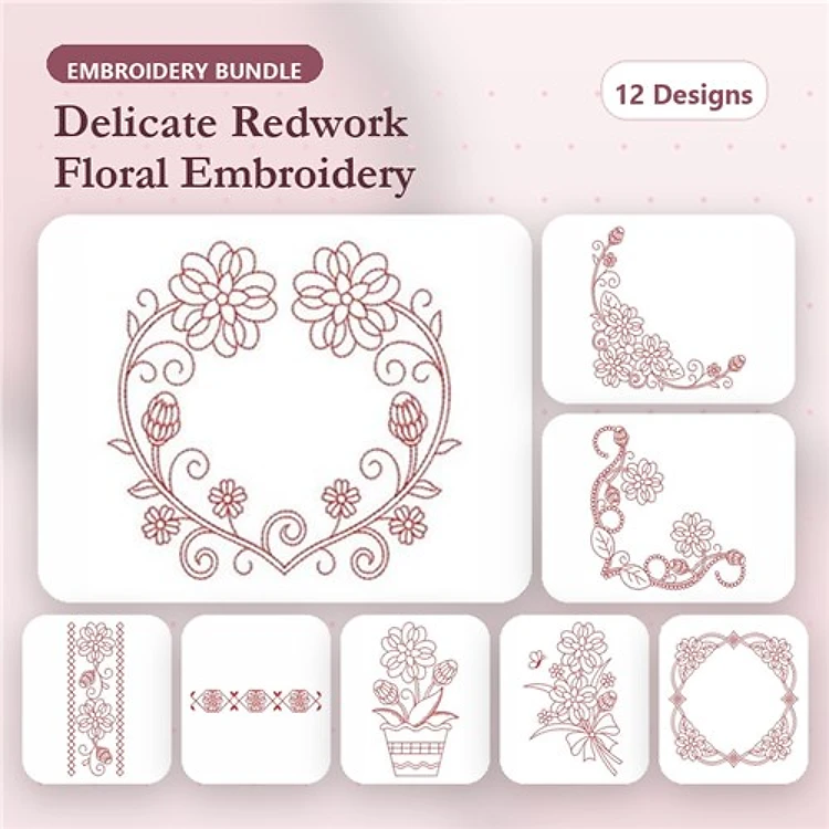 Redwork Floral Embellishments Embroidery Designs Bundle – Floral Heart, Floral Corner Decoration, Floral Border & More (12 Designs)