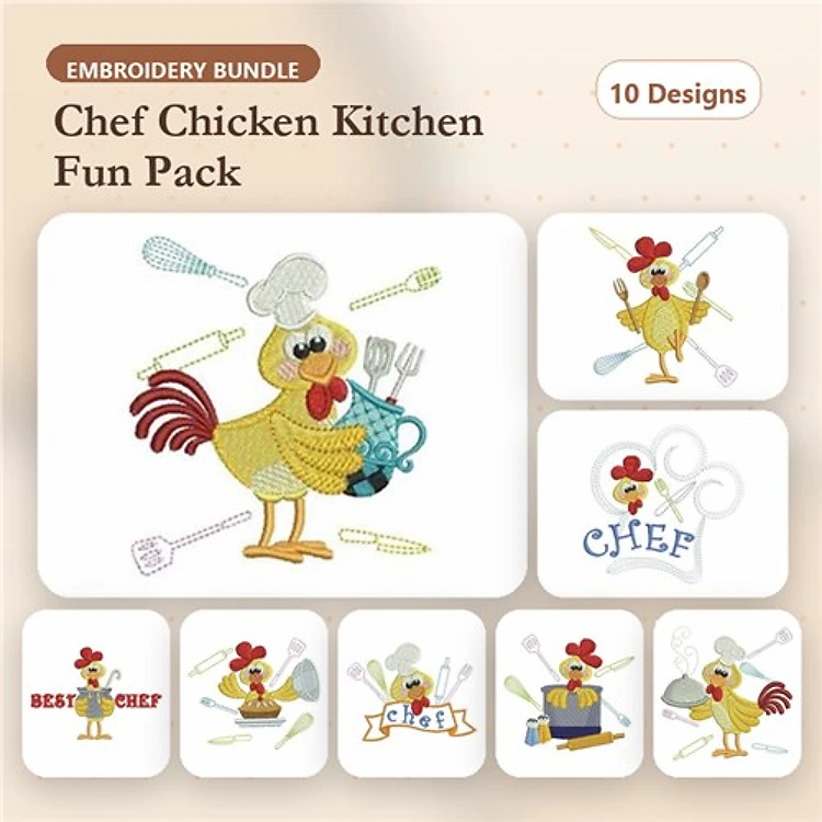 Chef Chicken Kitchen Embroidery Bundle – Chef Chicken with Utensils, Best Chef, Chicken with Pot & More (10 Designs)