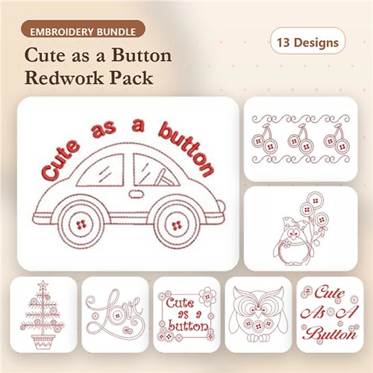 Redwork Cute as a Button Embroidery Bundle – Car, Cherries, Owl, Flower & More (13 Designs)