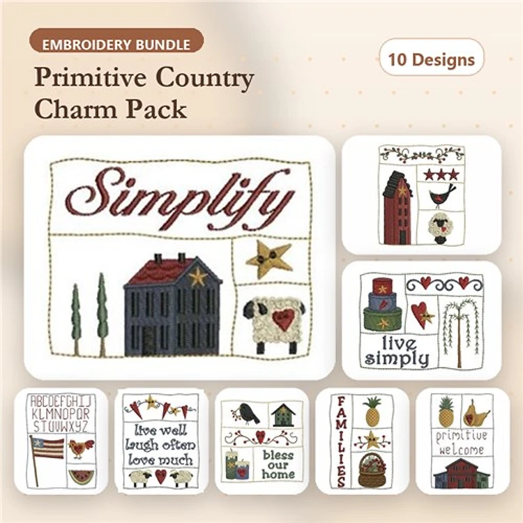 Primitive Country Embroidery Designs Bundle – Red Barn, Sheep with Heart, Live Simply & More (10 Designs)