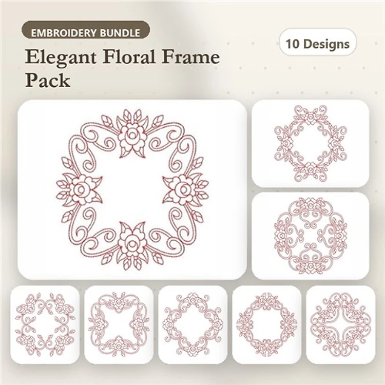 Redwork Elegant Floral Frames Embroidery Bundle – Floral Frame with Swirls, Ornate Floral Frame, & More (10 Designs)
