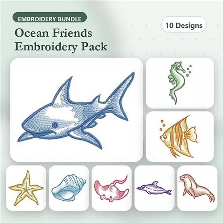 Ocean Creatures Embroidery Designs Bundle – Shark, Seahorse, Goldfish & More (10 Designs)