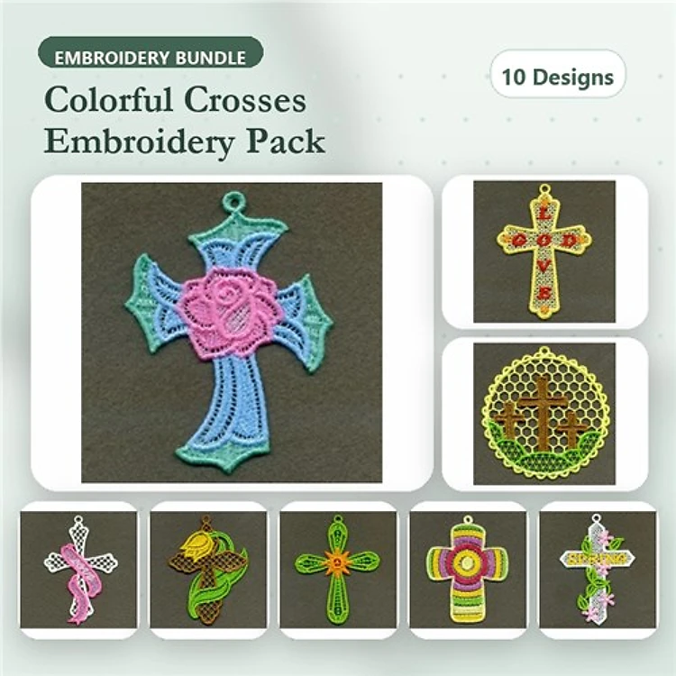FSL Colorful Cross Embroidery Designs Bundle – Floral Cross with Rose, Cross with Love, Lace Cross & More (10 Designs)