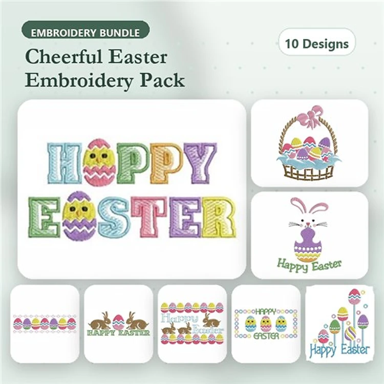 Cheerful Easter Embroidery Designs Bundle – Happy Easter Letters, Easter Egg Basket, Easter Bunny & More (10 Designs)