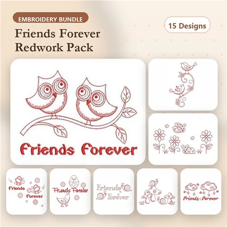 Redwork Friends Forever Embroidery Bundle – Friends Forever Owls, Bird with Flowers, Heart with Flowers & More (15 Designs)