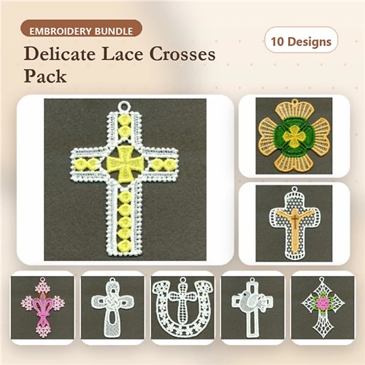 FSL Delicate Lace Crosses Embroidery Designs Bundle – Yellow Star Cross, Floral Cross, Ornate Cross & More (10 Designs)