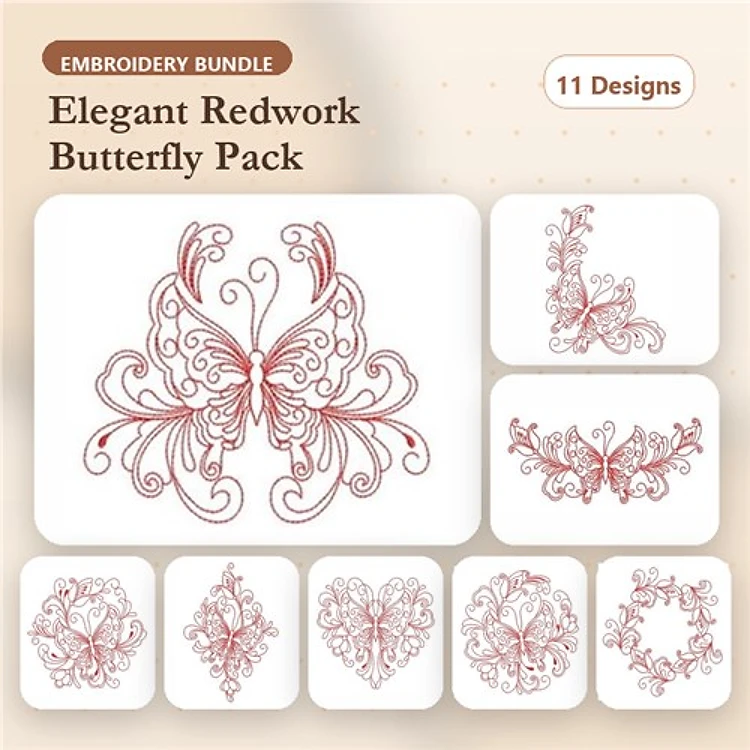 Redwork Elegant Butterfly Embroidery Bundle – Floral Swirls, Decorative Corner, & More (11 Designs)