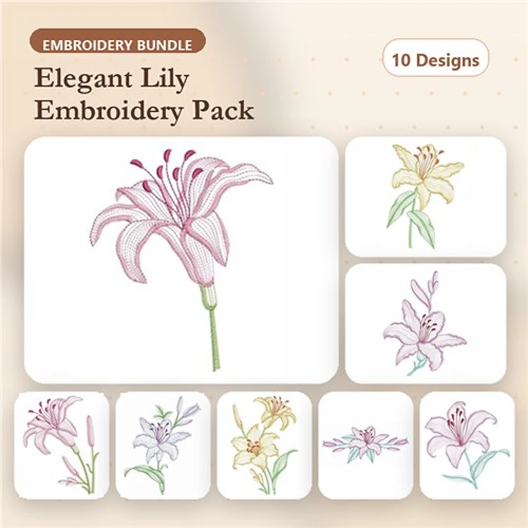 Lily Flowers Embroidery Designs Bundle – Pink Lily, White Lily, Yellow Lily, Purple Lily & More (10 Designs)