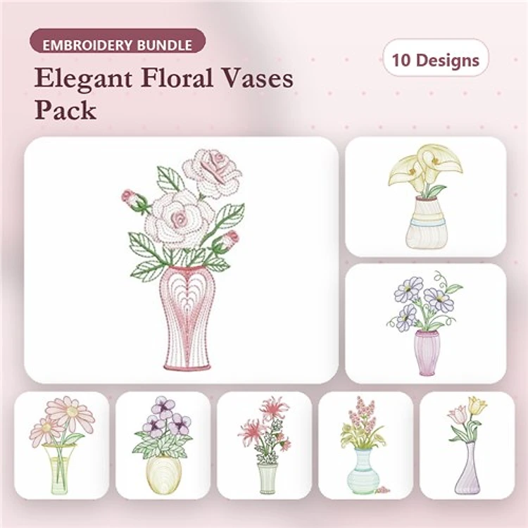 Rippled Floral Vases Embroidery Bundle – Rose Bouquet, Calla Lily, Lavender & More (10 Designs)