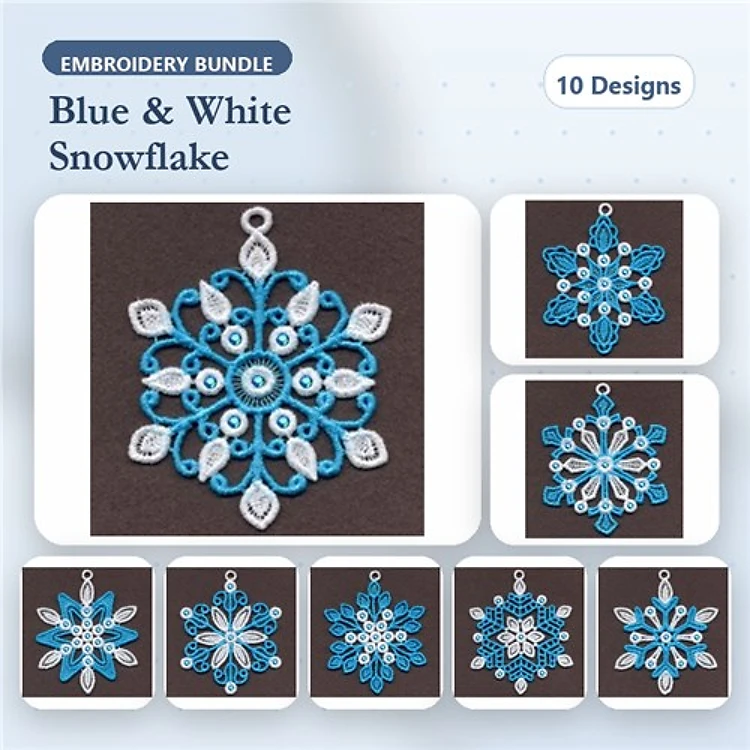 FSL Snowflake Embroidery Bundle – Blue & White Ornaments & More (10 Designs)