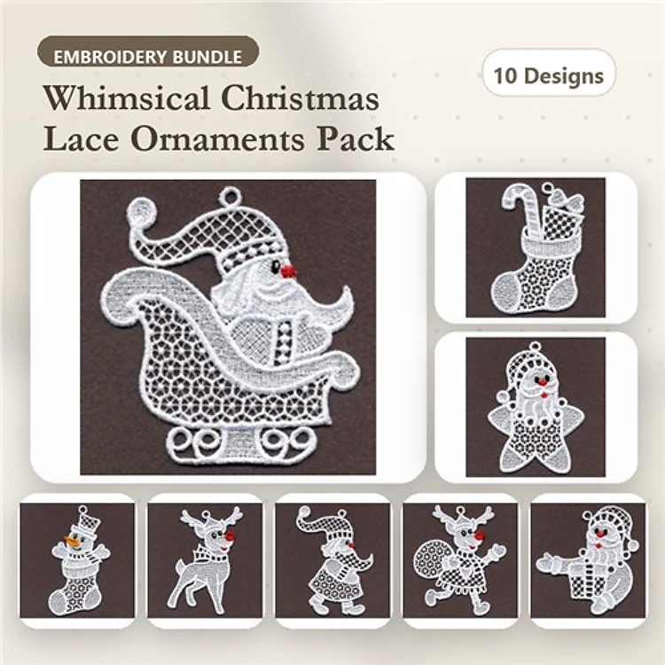 FSL Christmas Lace Ornament Embroidery Designs Bundle – Santa Sleigh, Gingerbread Man, Snowman & More (10 Designs)