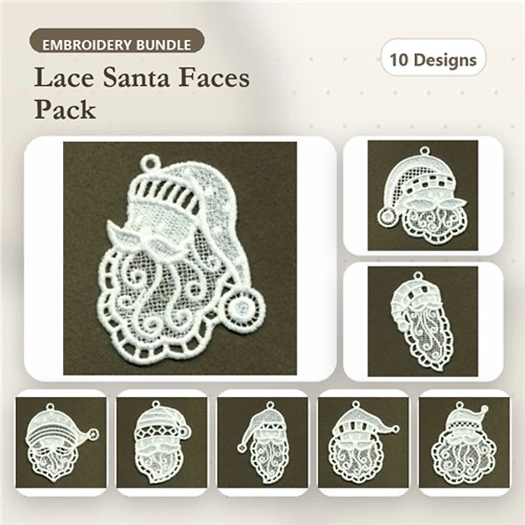 FSL Lace Santa Faces Embroidery Bundle – Santa Face with Beard, Glasses, Smiling Expression & More (10 Designs)