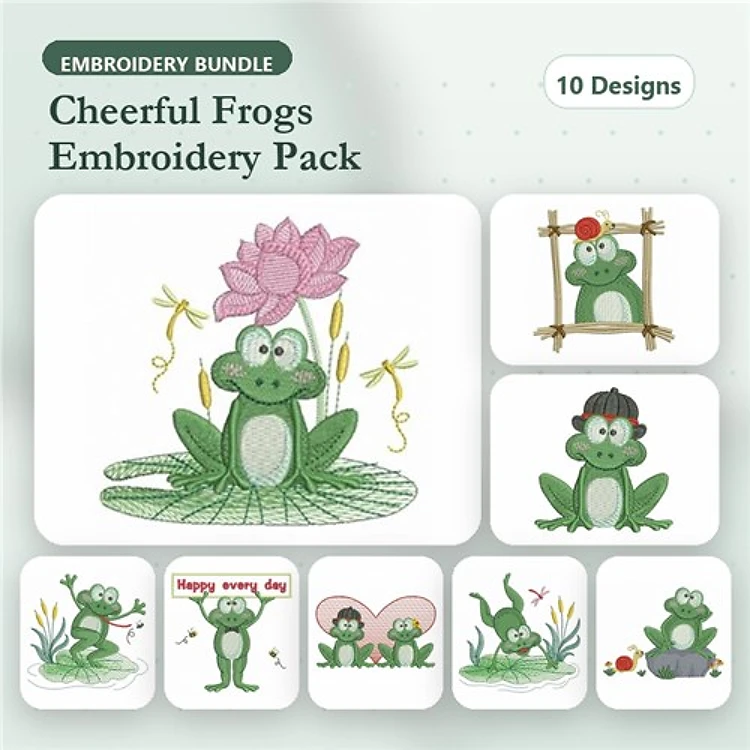 Cheerful Frogs Embroidery Bundle – Frog with Lotus Flower, Frog in Photo Frame, Frog with Party Hat & More (10 Designs)