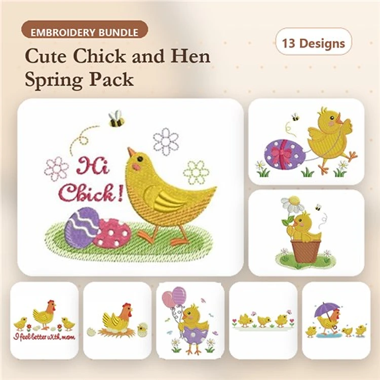Chick and Hen Spring Embroidery Bundle – Cute Chick with Eggs, Chick with Flowers, Chick in Flower Pot & More (13 Designs)