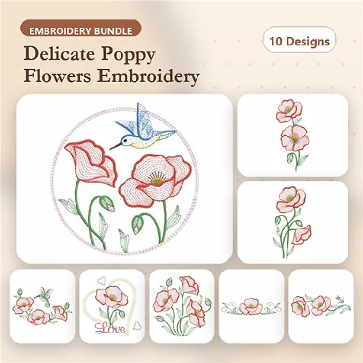 Rippled Delicate Poppy Flowers Embroidery Bundle – Poppy Flower with Bird, Single Poppy Flower, Poppy Bouquet & More (10 Designs)