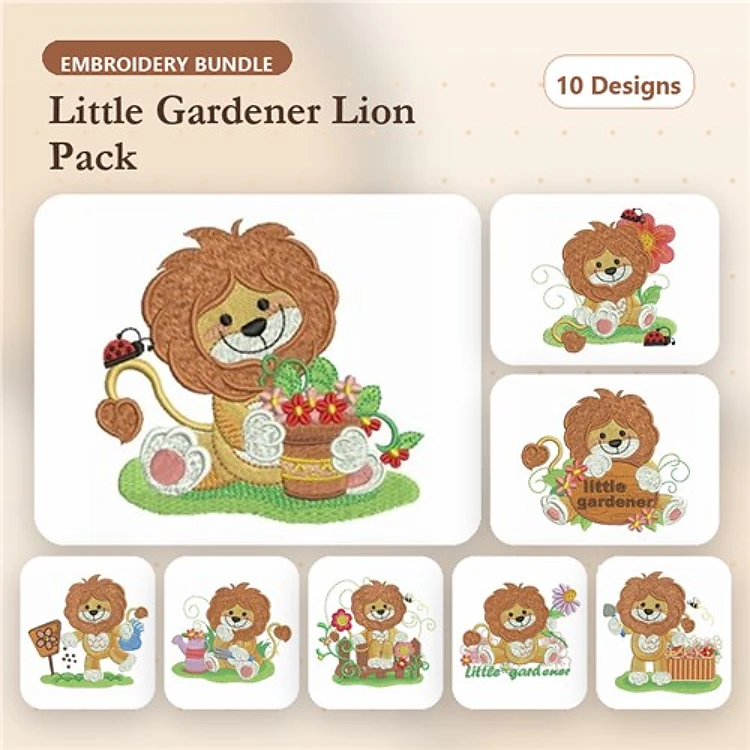 Gardening Lion Embroidery Designs Bundle – Lion with Flower Basket, Lion with Garden Tools, & More (10 Designs)